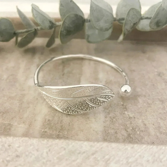925 Sterling Silver Leaf Bracelet Adjustable Bangle Cuff Statement Bracelet - Picture 6 of 6